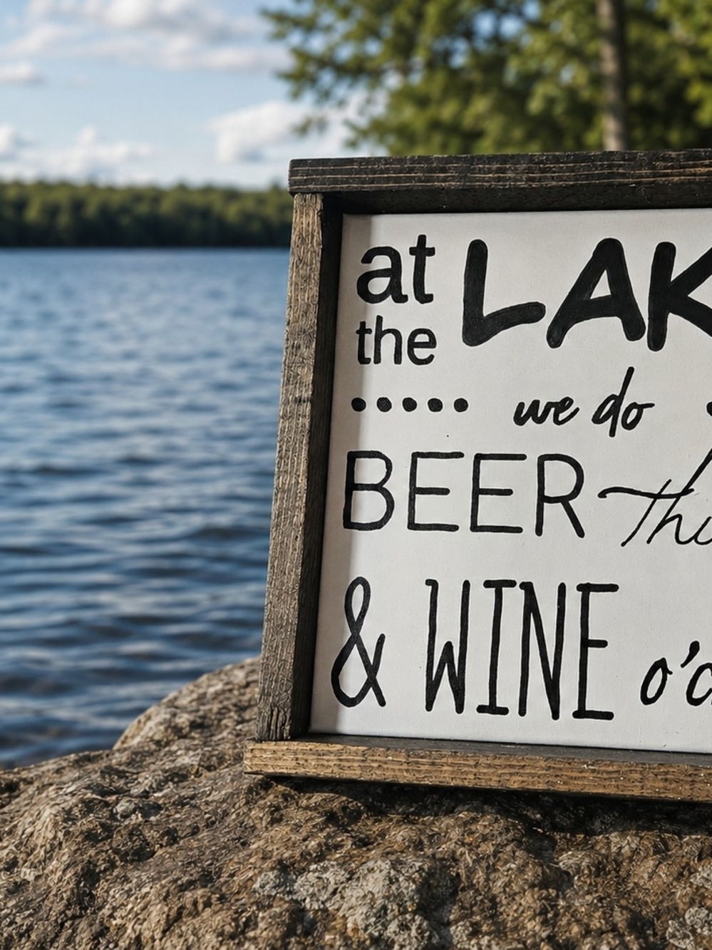 Rustic Lake House Beer & Wine Sign - Black on White